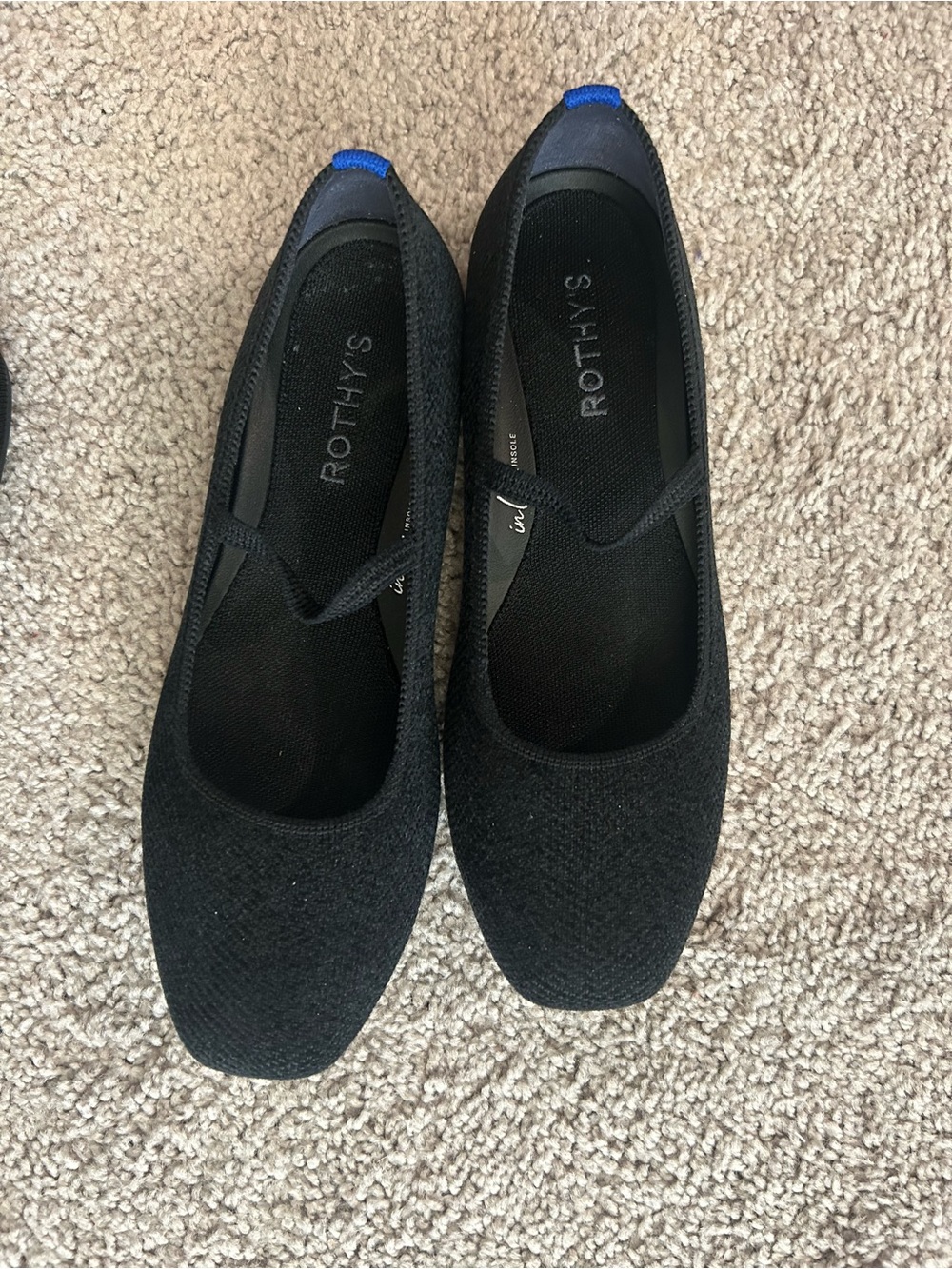 Rothy's Black Ballet Flats with Blue Heel Tab